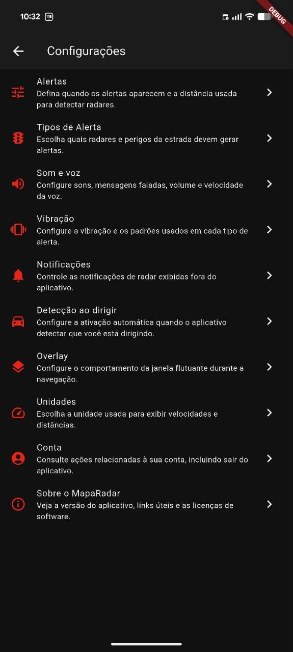 Tela de configurações do MapaRadar Android com alertas, sons, overlay e conta