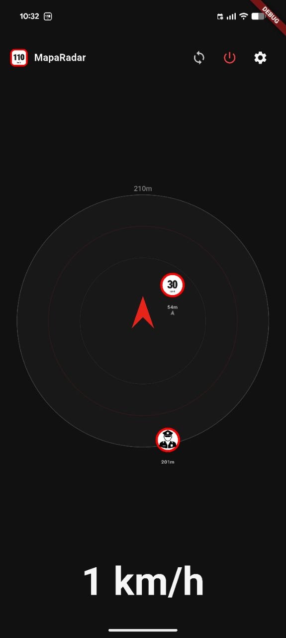 Tela de direção do MapaRadar Android com velocímetro e pontos de alerta