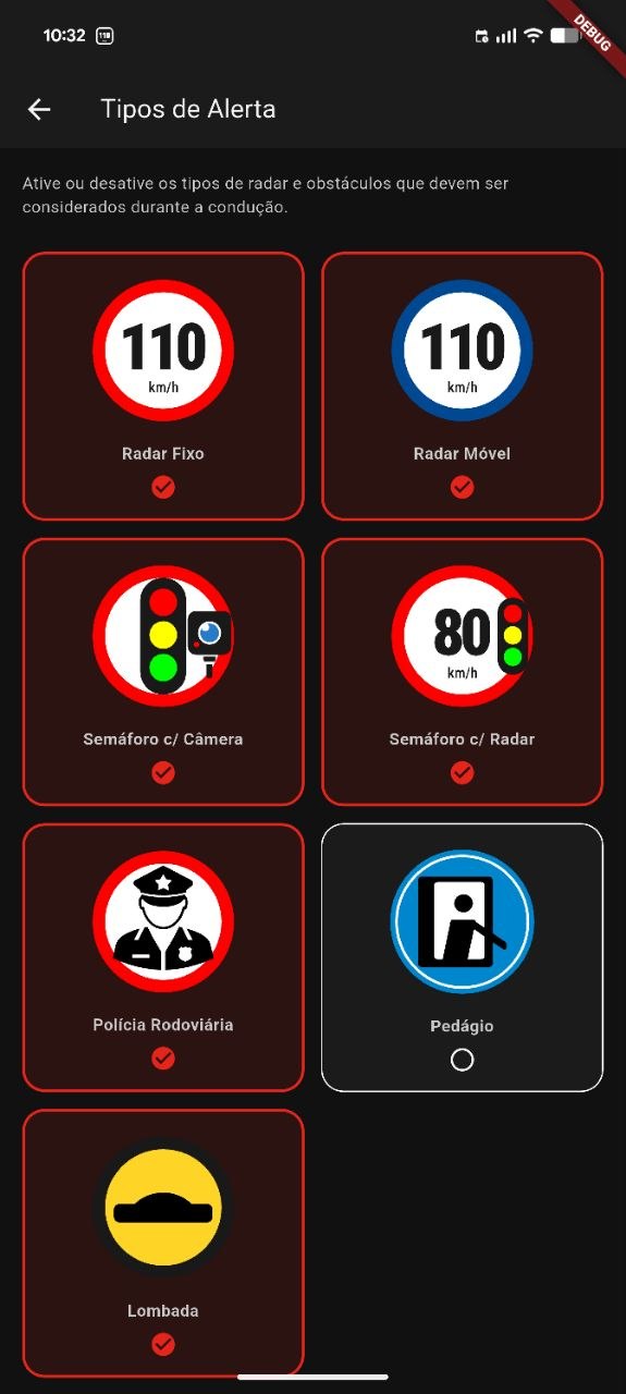 Tela de tipos de alerta do MapaRadar Android com radar fixo, móvel, semáforo, pedágio e lombada